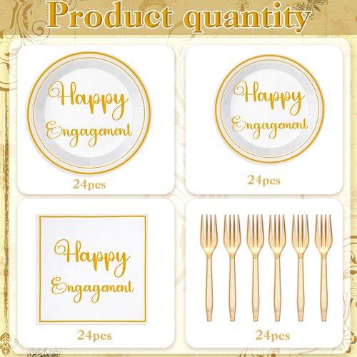 Geyoga 96 Pcs Happy Engagement Party Decorations White Gold Engaged Plates and Napkins She Said Yes Disposable Dinnerware Happy Engagement Plates for Wedding Bridal Shower Party Supplies Serve 24