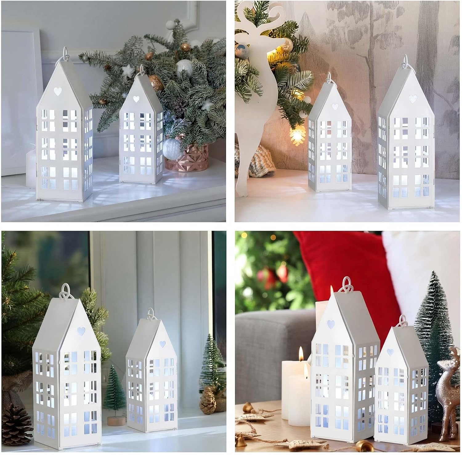 SiliFine White Farmhouse Village Set - Rustic Metal Lanterns with 2 White Candles for Home Decor
