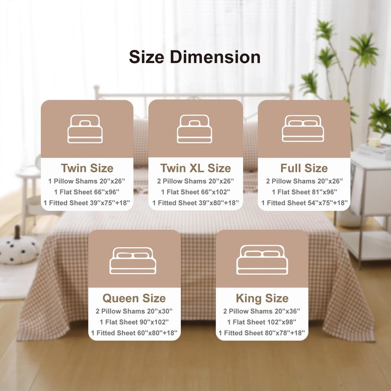 K MASANIJI Taupe White Plaid Ruffle Sheets Queen Size 4-Piece Set, 300TC 100% Yarn Dyed Washed Cotton Checker Sheets 18'' Deep Pocket Farmhouse Gingham Decorative Bedding（Taupe/White Plaid, Queen）