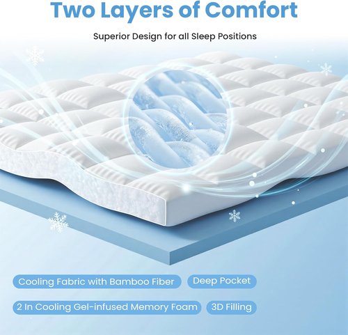 DUMOS Queen Mattress Topper - Dual Layer 4 Inch Memory Foam with Gel & Pillow Top for Back Pain Relief