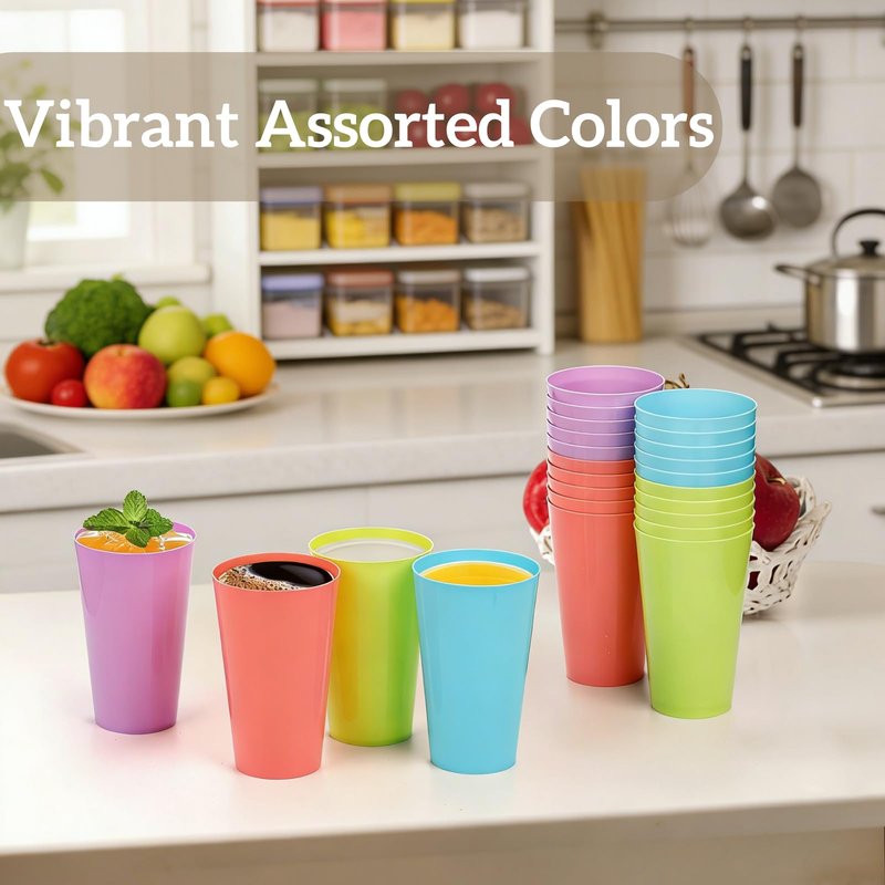 Pumtus 24 Pack Reusable Plastic Cups, 13 OZ Colorful Unbreakable Water Tumbler, Stackable Bulk Drinking Cup for Juice, Smoothies, Milk, Beverage, Outdoor, Home, Parties, BBQ Picnics