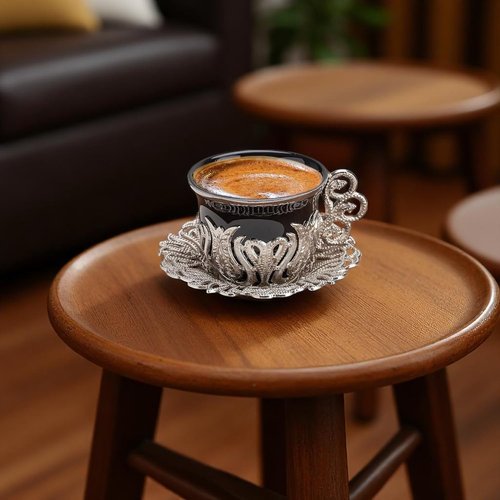 Alisveristime 12 Pc Turkish Greek Arabic Coffee Espresso Cup Saucer Porcelain Set (Black Silver)