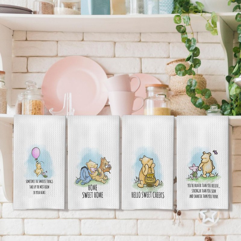QZCYU Winnie Themed Culinary Linens Set of 4 - Pooh Bear Decor Accents for Kitchen & Bath Spaces - Dishcloths for Culinary Essentials - Charming Presents for Female Enthusiasts