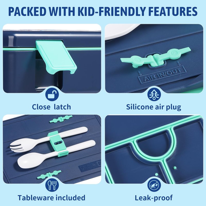 rockpapa Chill Bento Box for Kids- Large 5.5 Cups Lunch Box with Ice Pack - 5 Compartments, BPA-Free, Leak Proof, with Utensils & Portable Handle, Microwave/Dishwasher Safe (Blue Dinosaur)
