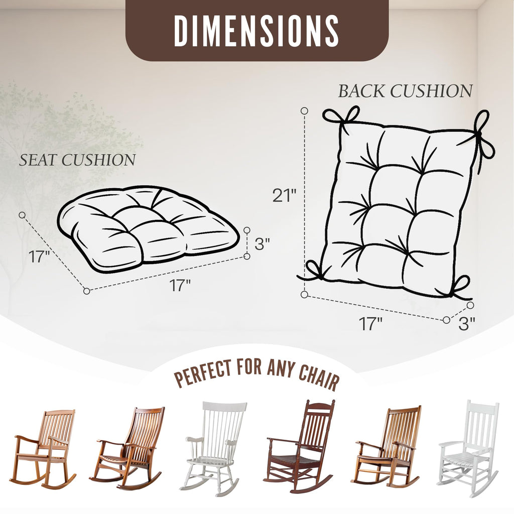 Klear Vu Omega Non-Slip Rocking Chair Cushion Set with Thick Padding and Tufted Design, Includes Seat Pad & Back Pillow with Ties for Living Room Rocker, 17x17 Inches, 2 Piece Set, Brown