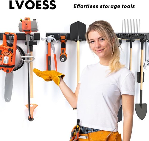 Garage Tool Organizer - 48" Heavy Duty Metal Storage Rack | Adjustable Hooks for Rakes, Brooms & More