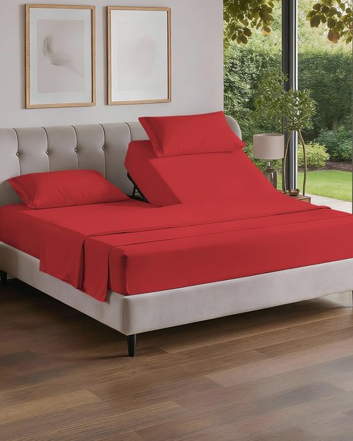 Flex Top Split Head King Sheet Set - Comfy Cooling Bed Sheets | Ultra-Soft Luxury Bedding - Deep Pockets, Red