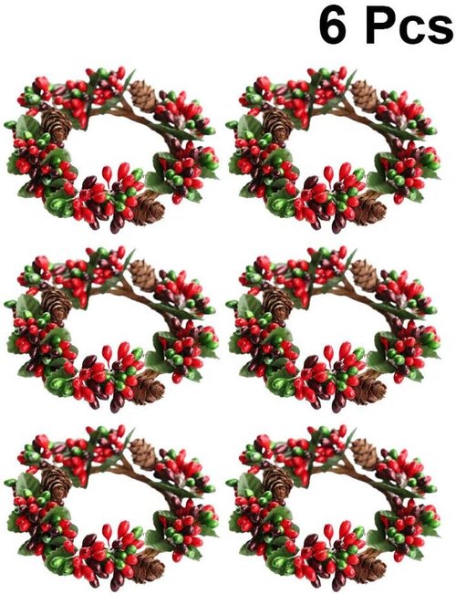 Amosfun Christmas Candle Rings - 6Pcs Artificial Berry Wreaths for Holiday Table Centerpieces
