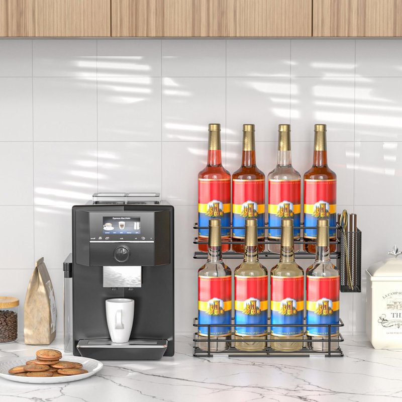 OVICAR Coffee Syrup Organizer Rack - 8 Bottle Holder Stand for Coffee Bar & Station Accessories with Straw & Pod Basket, 2 Tiers Black
