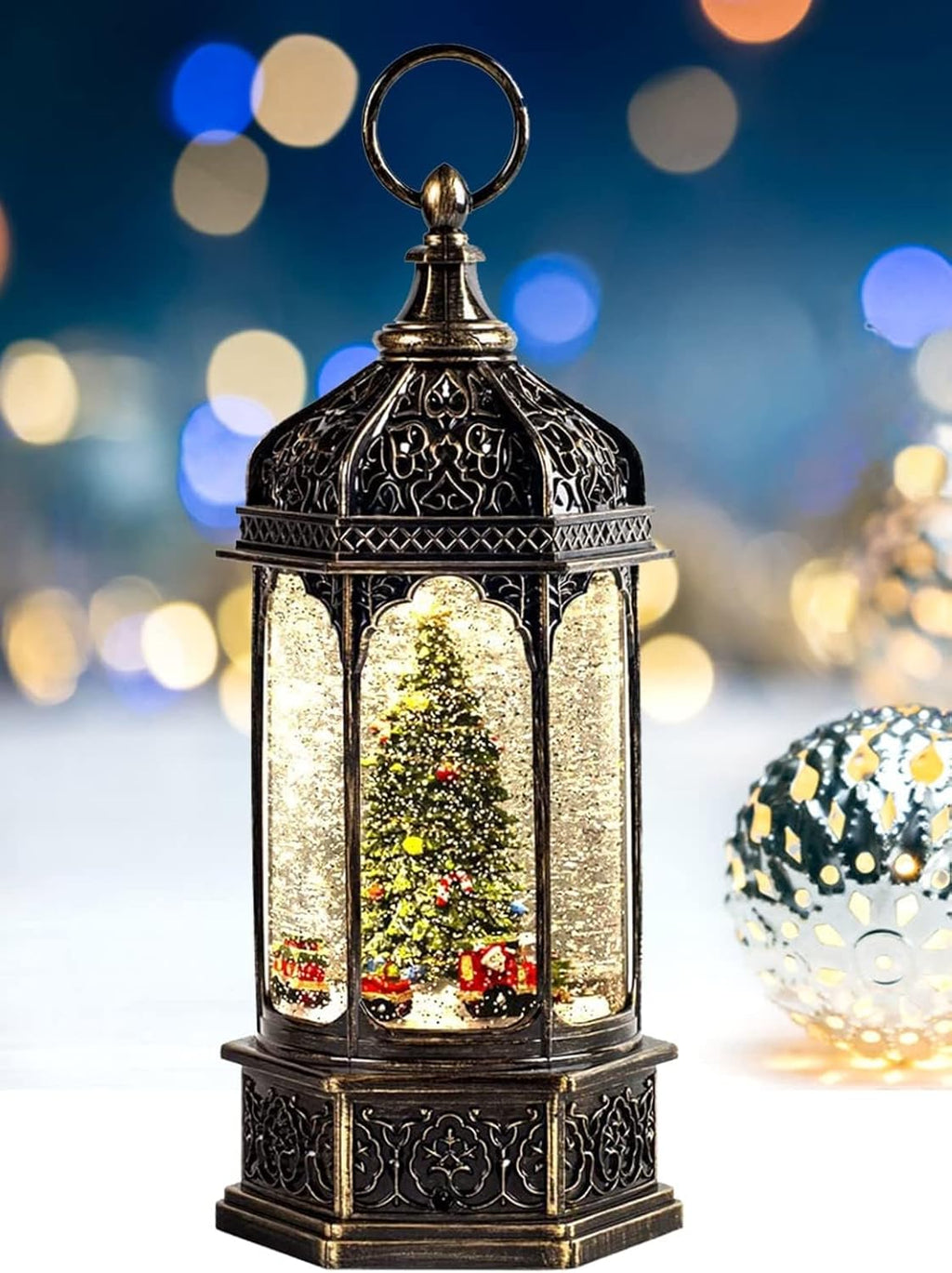 Musical Christmas Tree Snow Globe - Rotating Trains with Timer | 12.7'' Decorative Music Box