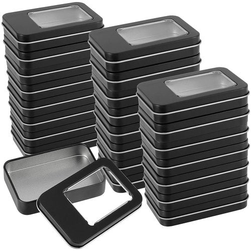 FUNSUEI Metal Tin Box Clear Top, Rectangular Empty Storage Tins 20 Pack 3.4 x 2.3 x 0.7 Inches, Metal Tin Box Clear Top Tins for Candies, Gifts, Balms, and Small Crafts (Black)