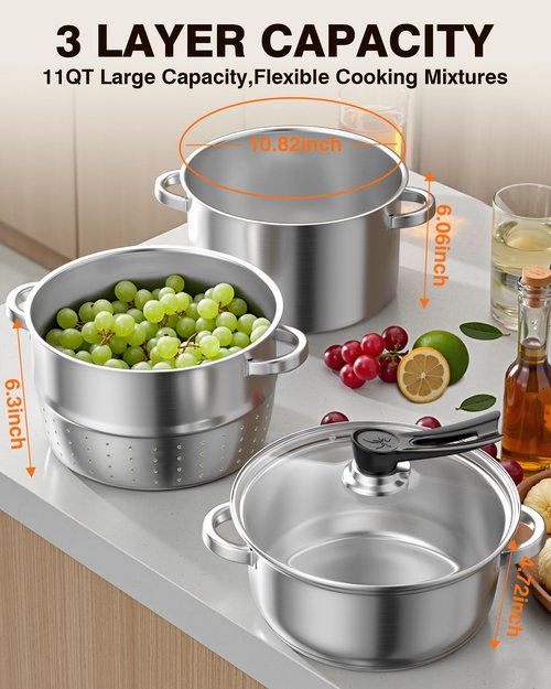 PYY Steam Juicer Extractor - 11QT Fruit Vegetables Steam Juicer for Canning, 3-Layer Stainless Steel with Tempered Glass Lid, Hose, Jelly, Syrup, Clamp Steamer Extractor for Making Juice