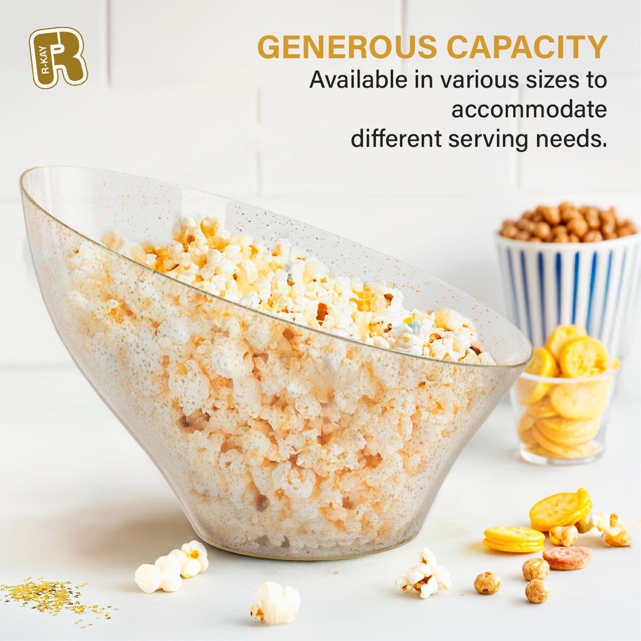 R-kay 6 Pack Gold Glitter Angled Candy Bowls - Large Gold Plastic bowls - Premium Plastic Serving Bowls Heavy Duty For Weddings Catering, parties, And All Occasions.