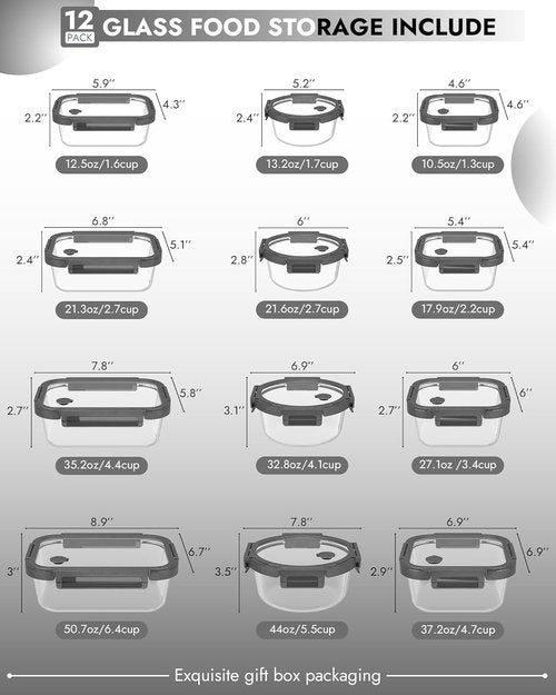 Glass Containers by [Brand Name] - 12-Pack Borosilicate Meal Prep Set | Oven-Safe, Airtight, BPA-Free, Multi-Size (Gray)
