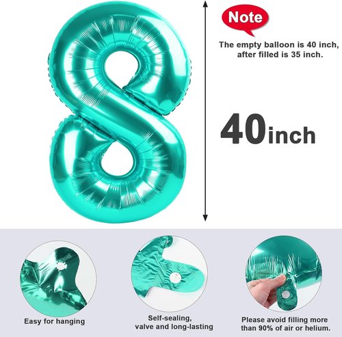 40 Inch Blue-Green Number 8 Balloon - Perfect for 8th Birthday Parties, Weddings & Graduations