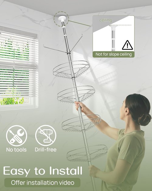 ALLZONE Corner Shower Caddy - Rustproof 4-Tier Adjustable Shelves for Bathroom Storage | Tension Mounted, 56-113 Inch Height, Silver
