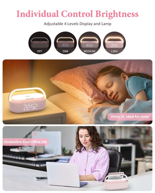 COLSUR Bluetooth Speaker Alarm Clock with Wireless Charger, FM Radio, Adjustable LED Night Light, 6 in 1 Bedroom Portable Speaker 2500mAh, Phone Stand for Bedside, Home, Office, Gift (Pink)
