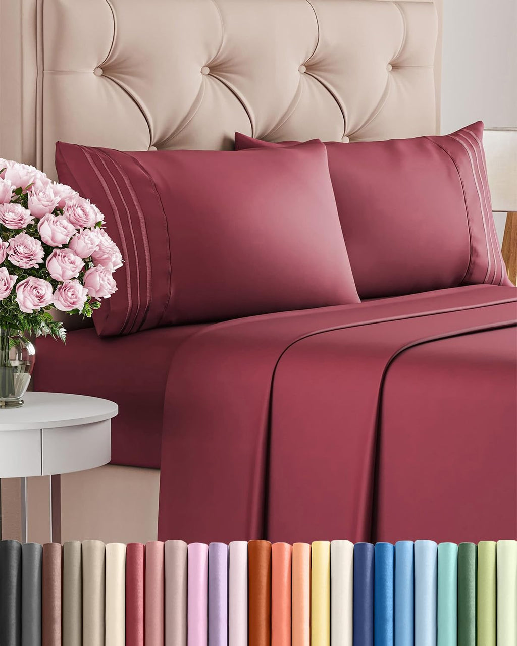 Skiennix Full Size 4 Piece Sheet Set - Comfy Cooling Bed Sheets - Ultra-Soft, Wrinkle-Free, Deep Pockets - Oeko-Tex Certified - Burgundy