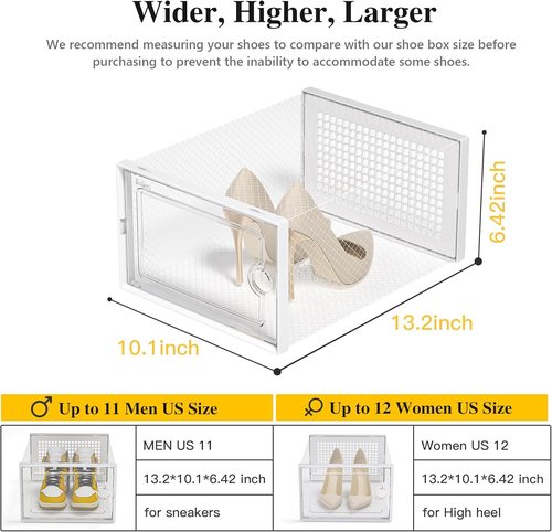 Kuject X-Large Shoe Storage Boxes - Clear Plastic Stackable 12 Pack for Sneakers & Toy Organization | White