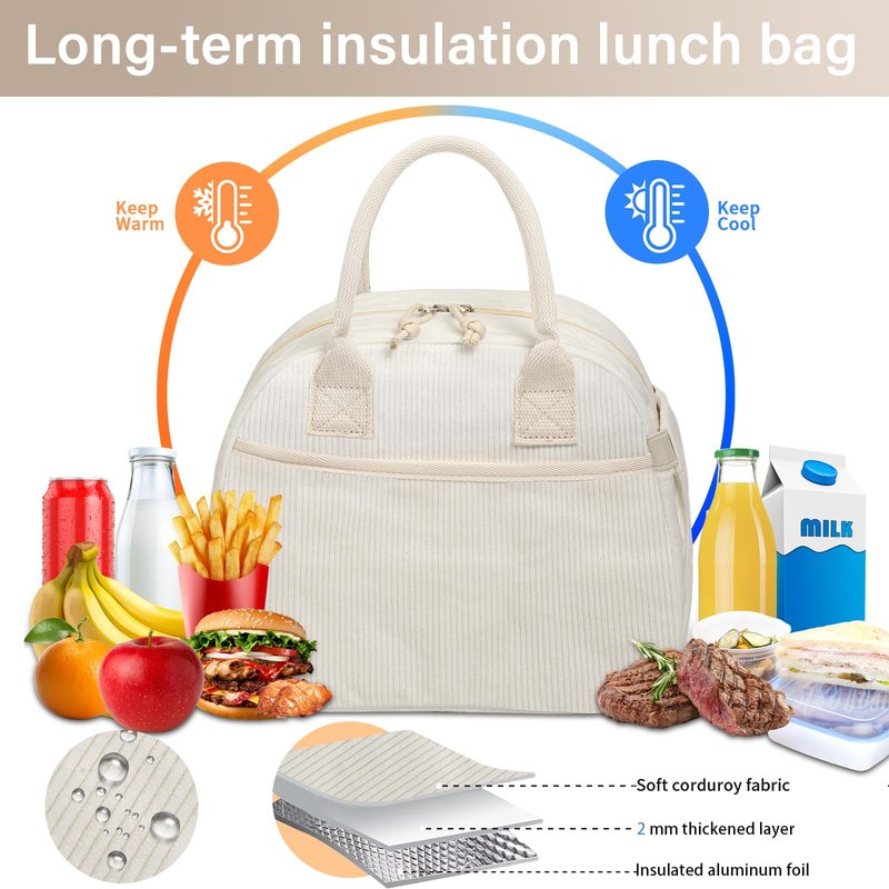 Carry bloom Lunch Box for Women, Insulated Lunch Bag Cute Corduroy Lunchbox Reusable Tote Bags for Work (beige corduroy)