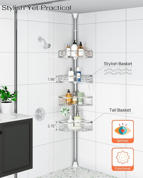 ALLZONE Corner Shower Caddy - Adjustable Tension Pole with 4 Baskets & Rust-Resistant Stainless Steel | 34-116 Inch