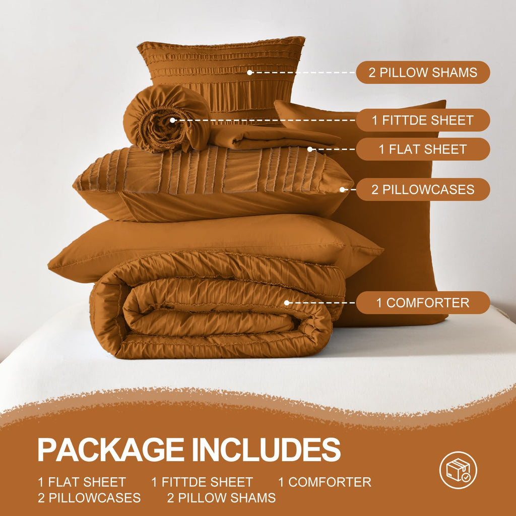 Burnt Orange Tufted Textured Comforter Set Queen Size, 7 Piece Bed in a Bag，Shabby Chic Boho Bedding for Bedroom Comforter，All Season Soft Microfiber Ruffle Comforter Set with Pillow and Sheets
