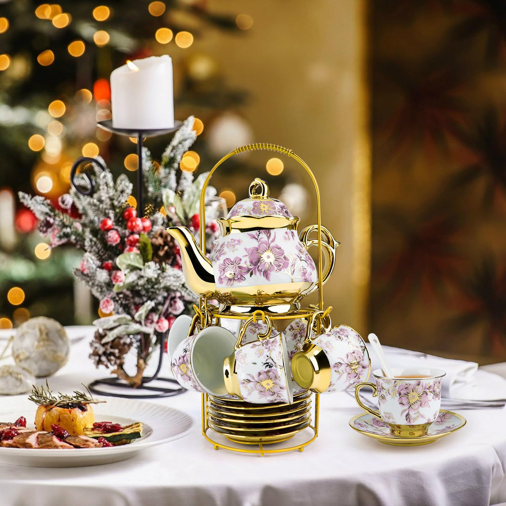 YCWF 20 Pcs Porcelain Tea Set With Metal Holder,European Ceramic Tea Set for 6,Beautiful Tea Cup Gift Sets for Home&Party (Purple)