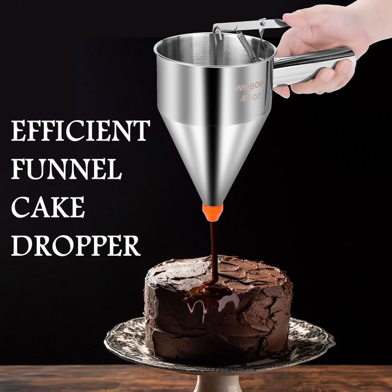 WIHBOIR Stainless Steel Pancake Batter Dispenser with Squeeze Handle and Multi-Nozzle, for Pancakes, Cupcakes, and Baked Goods. 20 oz