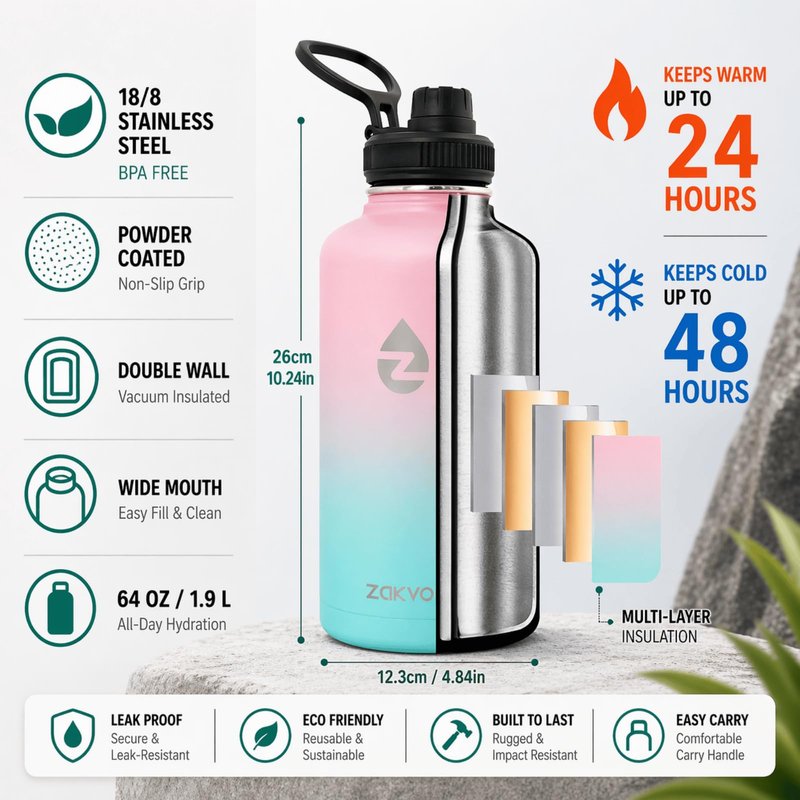 ZAKVOP 64 oz Insulated Water Bottle with Straws&3 Lids, ZAKVOP Half Gallon Water Bottle Stainless Steel Double Walled, Big Water Jug with Paracord Handle, Large Metal Water Bottle for Gym