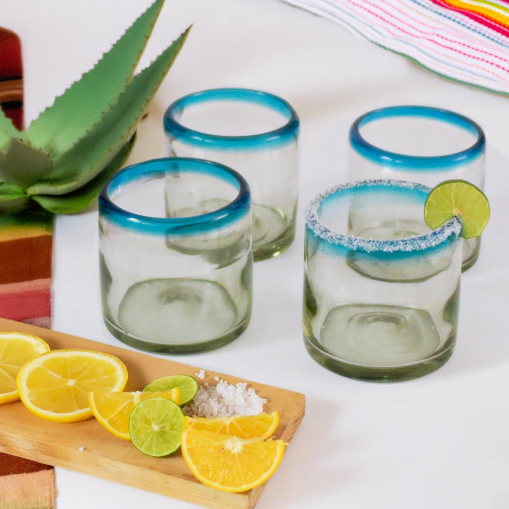 Hand-Blown Cocktail Glasses From Mexico – Set of 4 Lowball Rocks Glasses | Authentic Handcrafted 12 oz Old Fashioned Cocktail Glasses | Mexican Kitchen & Barware Gift Set | Blue Rim