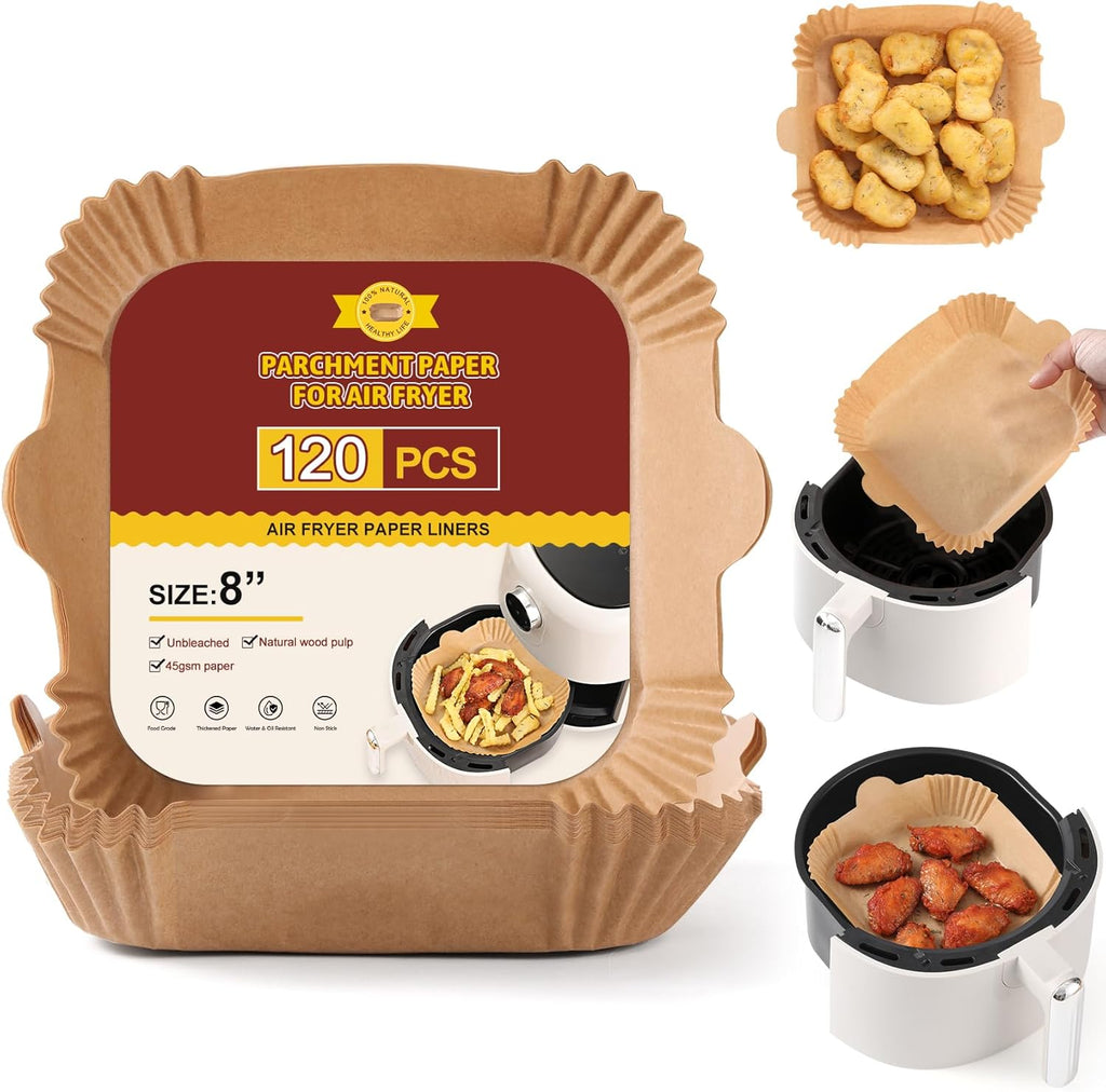 Skiennix 120 PCS Air Fryer Disposable Paper Liners - 8-Inch Non-Stick Parchment for Frying & Baking
