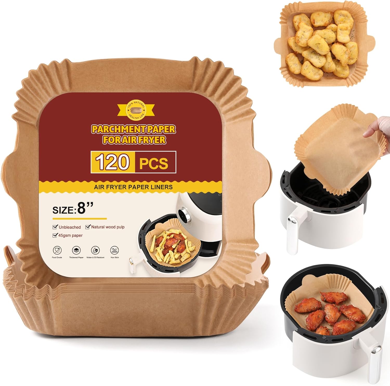 Skiennix 120 PCS Air Fryer Disposable Paper Liners - 8-Inch Non-Stick Parchment for Frying & Baking