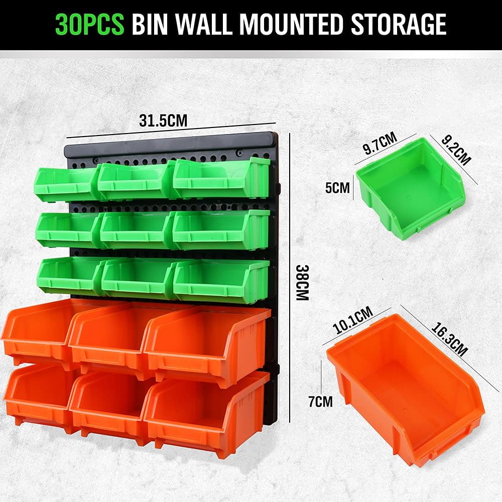 SWANLAKE Heavy-Duty Wall-Mounted Storage Bins | 30-Bin Garage Tool Organizer for Small Hardware