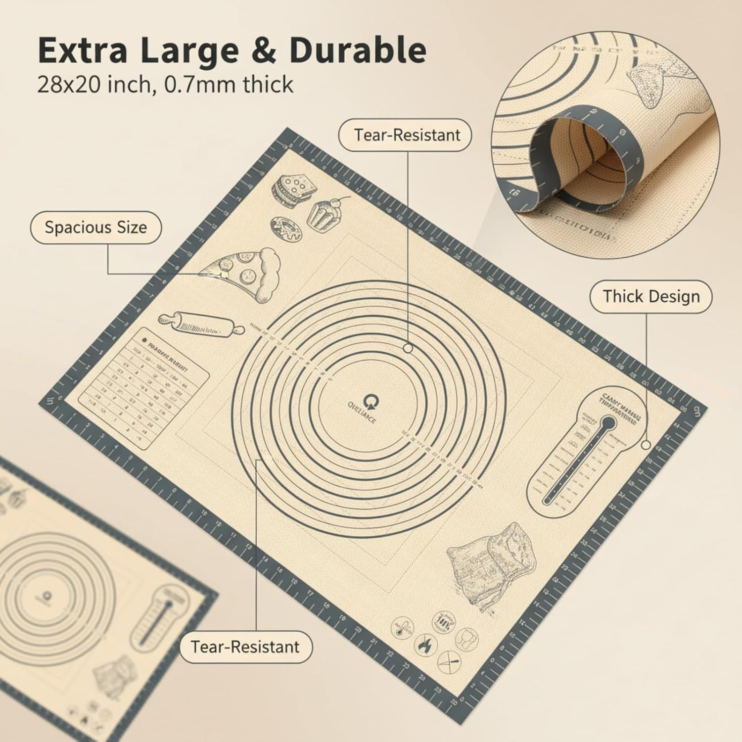 Silicone Baking Pastry Dough Mat - Extra Large 28x20 Inch Nonstick Kneading Board for Cookies & Pizza