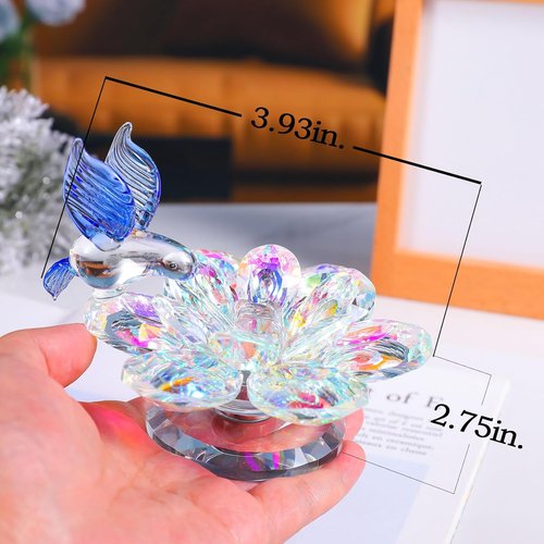Movdyka Crystal Figurine - Blue Hummingbird Lotus Flower Decor | Sparkling Glass Ornament for Women