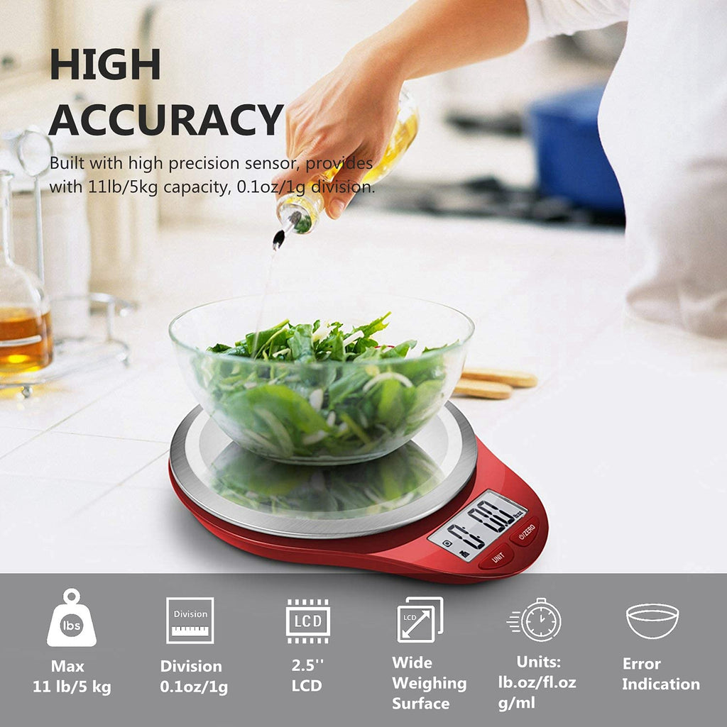 NUTRI FIT Digital Kitchen Scale - Large Stainless Steel Platform for Accurate Baking & Cooking | 1g Tare Function, Red