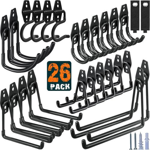 HUPBIPY Heavy Duty Garage Hooks - 26 Pack Utility Steel Wall Mount Storage Organizer for Tools, Ladders & Bikes