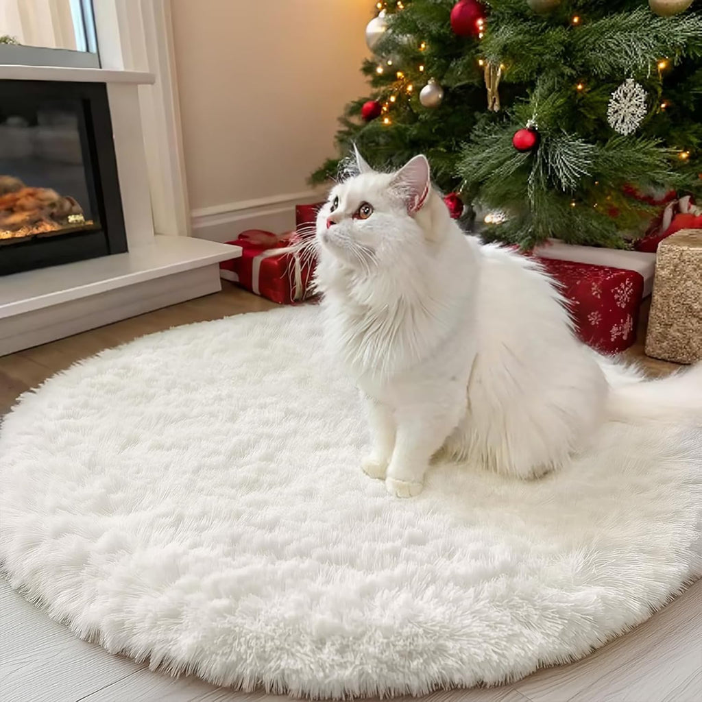 OLANLY Round Ivory Area Rug - Soft, Fluffy, Machine Washable 3 ft Carpet for Bedroom & Living Room Decor