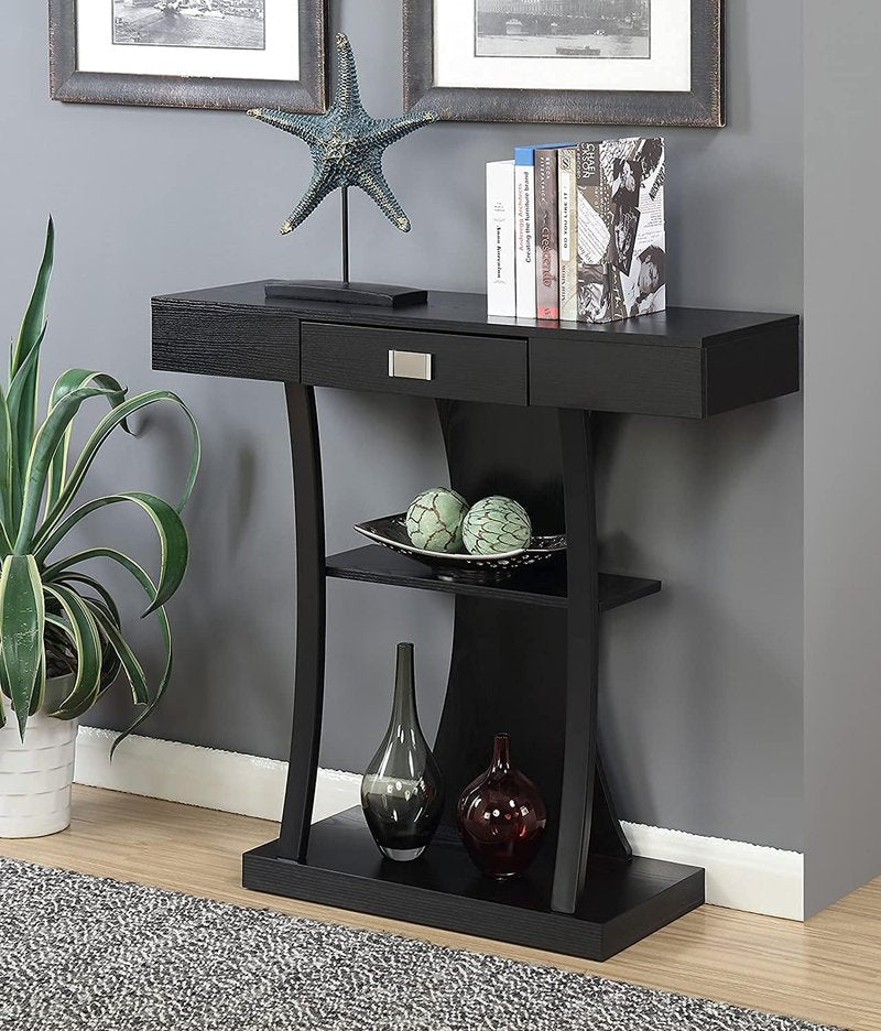 Convenience Concepts Newport Harri Console Table 36" - Modern Sofa Table with Storage Shelves, One Drawer Narrow Entryway Hall Table for Living Room, Black