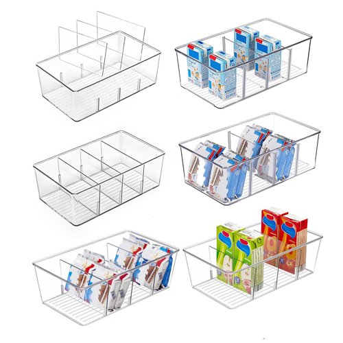 AIYULONG 6 Pack Kitchen Organizers and Storage,Clear Plastic Organizer Bins for Pantry,Fridge,Drawer Organization and Storage, 4 compartment Snack Containers for Spice Packets,Tea bag