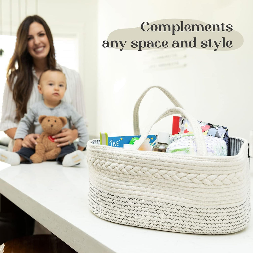 Skiennix Luxury Diaper Caddy Organizer - Large Cotton Rope Baby Basket for Nursery Storage | Off White