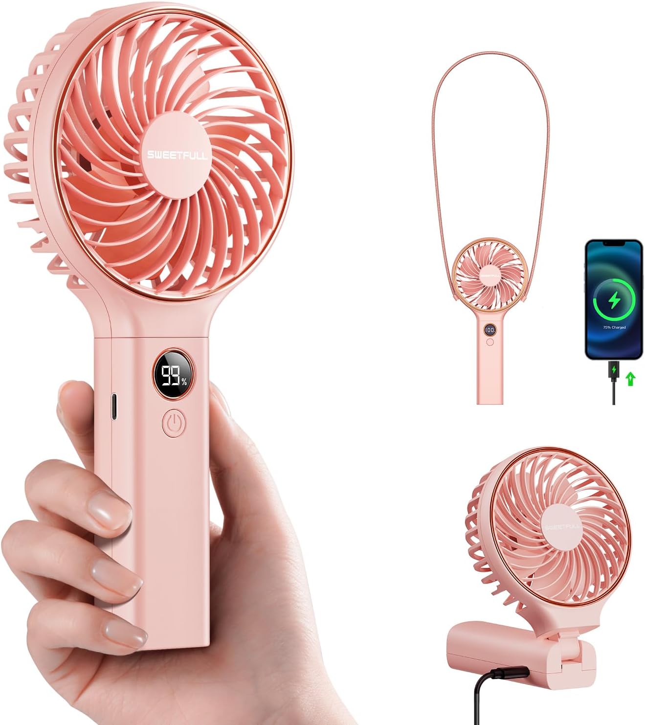 SWEETFULL Handheld Portable Fan - 5000mAh Rechargeable Battery, 6 Speed Wind, LED Display | Mini Travel Fan