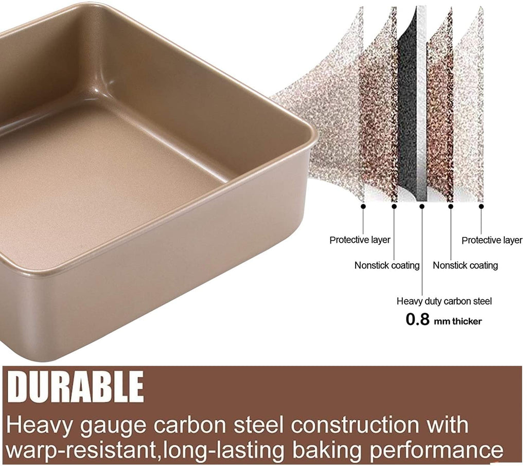 Siking 8'' x 3'' Deep Square Cake Pan Baking Mold Non-stick Coating Heavy Duty Brownie Bread Tray ( Champagne Gold ) (8 8 3 inch)