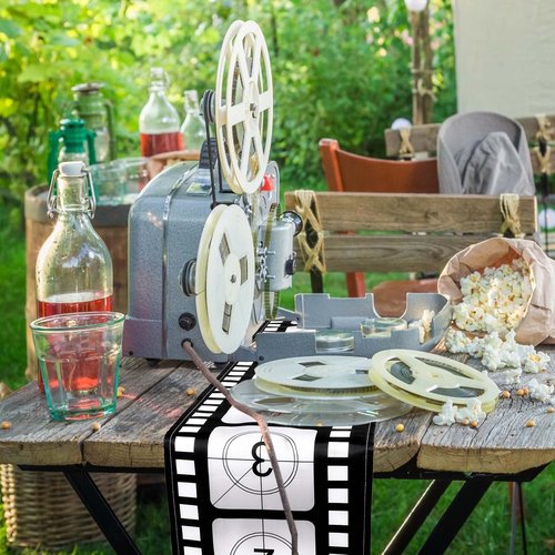 Breling 12 x 72 Inch Movie Night Table Runner Movie Theme Party Decorations Supplies Film Strip Table Runner Film Reel Tablecloth Decor for Kitchen Party(Classic Style,3 Pcs)