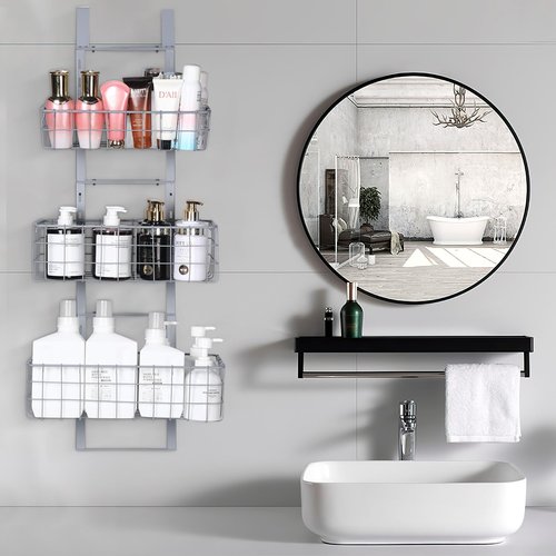 HUIFAHUO Detachable 3-Basket Over The Door Organizer, Heavy Duty Iron Hanging Shelf Door Back Storage Organizer Rack for Kitchen, Bathroom (Grey).