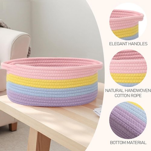 JMvicyroam Woven Basket - Small Rope Storage Bin with Handles for Organizing Shelves | 3-Pack Rainbow Design
