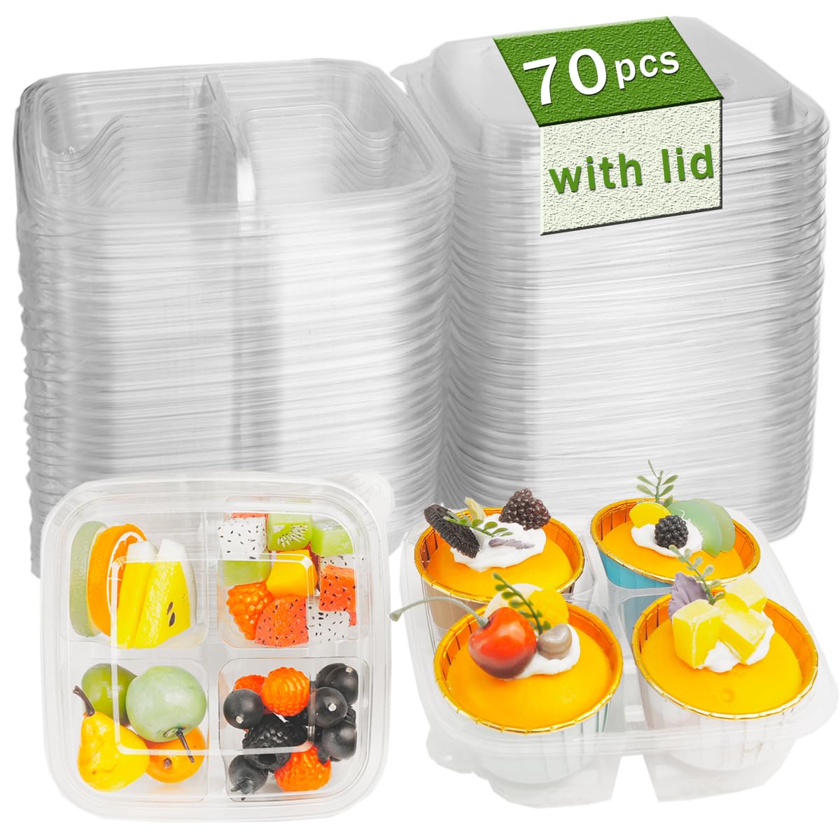 Artuxer 70 Pack Clear Bento Snack Food Containers,4-Compartment Meal Prep Lunch Containers with Lids,Food Storage Containers for office,work and travel