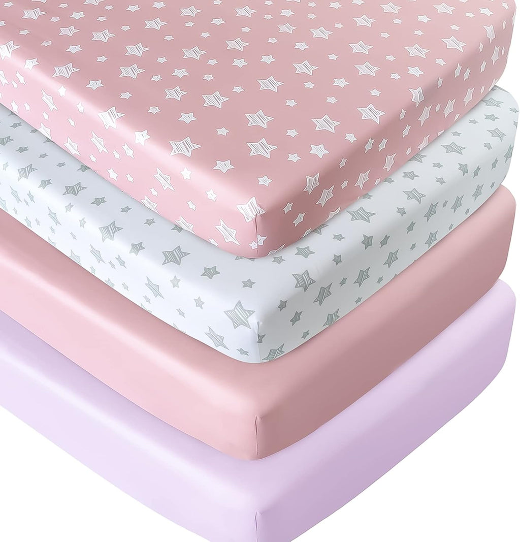 Skiennix Fitted Crib Sheets - Soft & Breathable 4-Pack for Standard Size Cribs | Pink Baby Gift Set