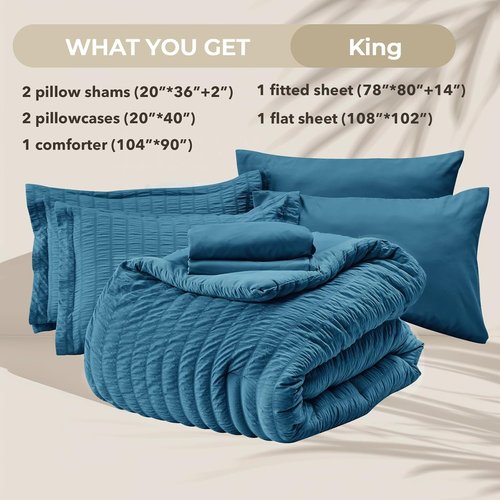 HYMOKEGE King Size Comforter Set - Luxurious Teal Seersucker 7-Piece Bedding Set for All Seasons