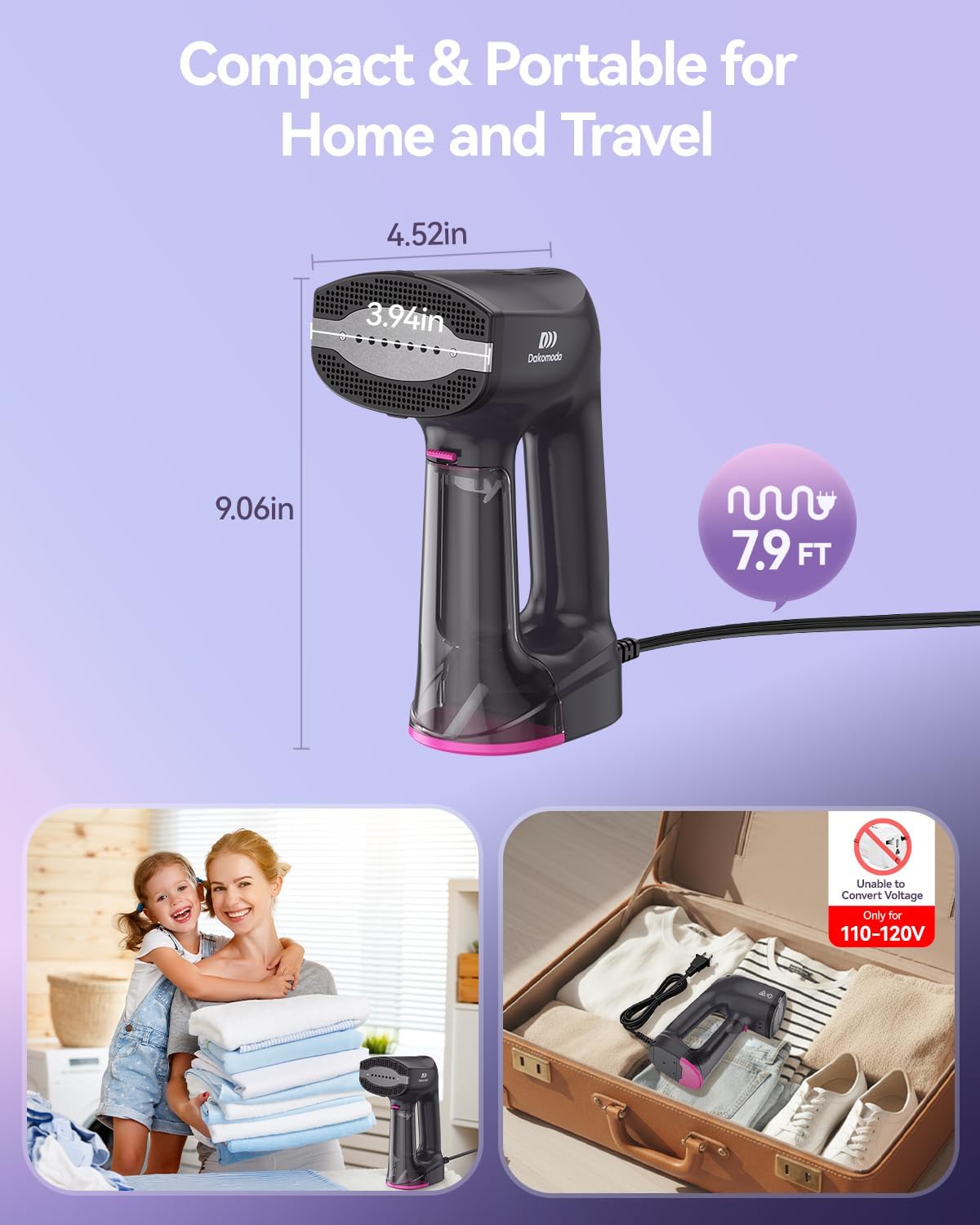 Skiennix Handheld Clothes Steamer - 3500Pa Suction, LED Display, 2-in-1 Steaming & Ironing, 160ml Tank